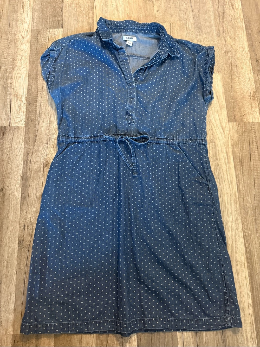 Old Navy Blue Polka Dot Chambray Drawstring Mini Dress